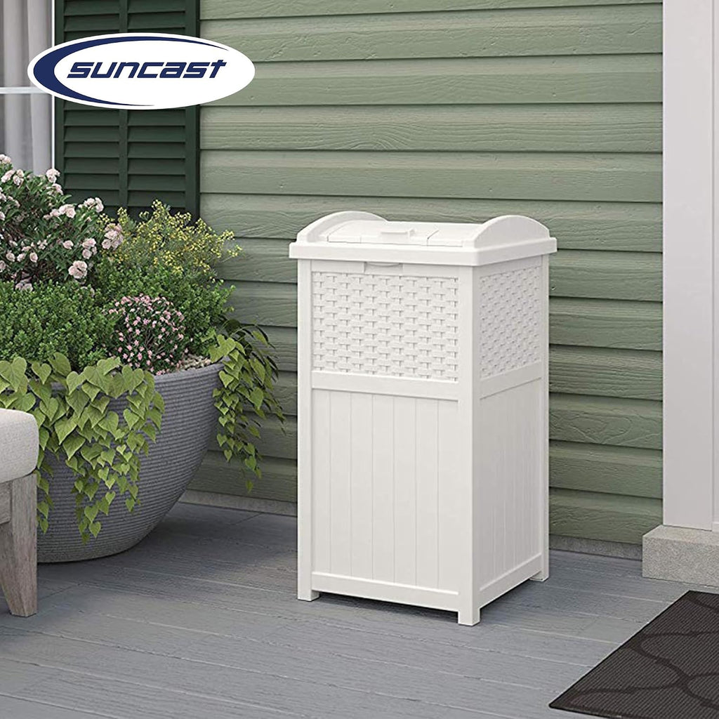 Suncast Wicker Plastic Outdoor Hideaway 33 Gallon Trash Can Bin with Latching Lid for Backyard, Deck, or Patio Use, White (2 Pack)