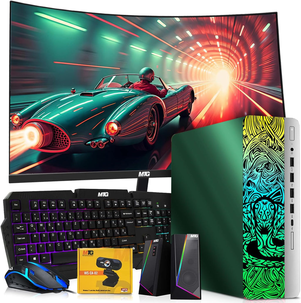 TechMagnet HP Emerald Green Cobra Edition RGB Gaming Desktop PC,Intel Core i7,16GB DDR4 RAM,512GB SSD,GT 1030 Graphics Card,24 Inch Curved Monitor,RGB Kit,Webcam,Windows 11 (Renewed)