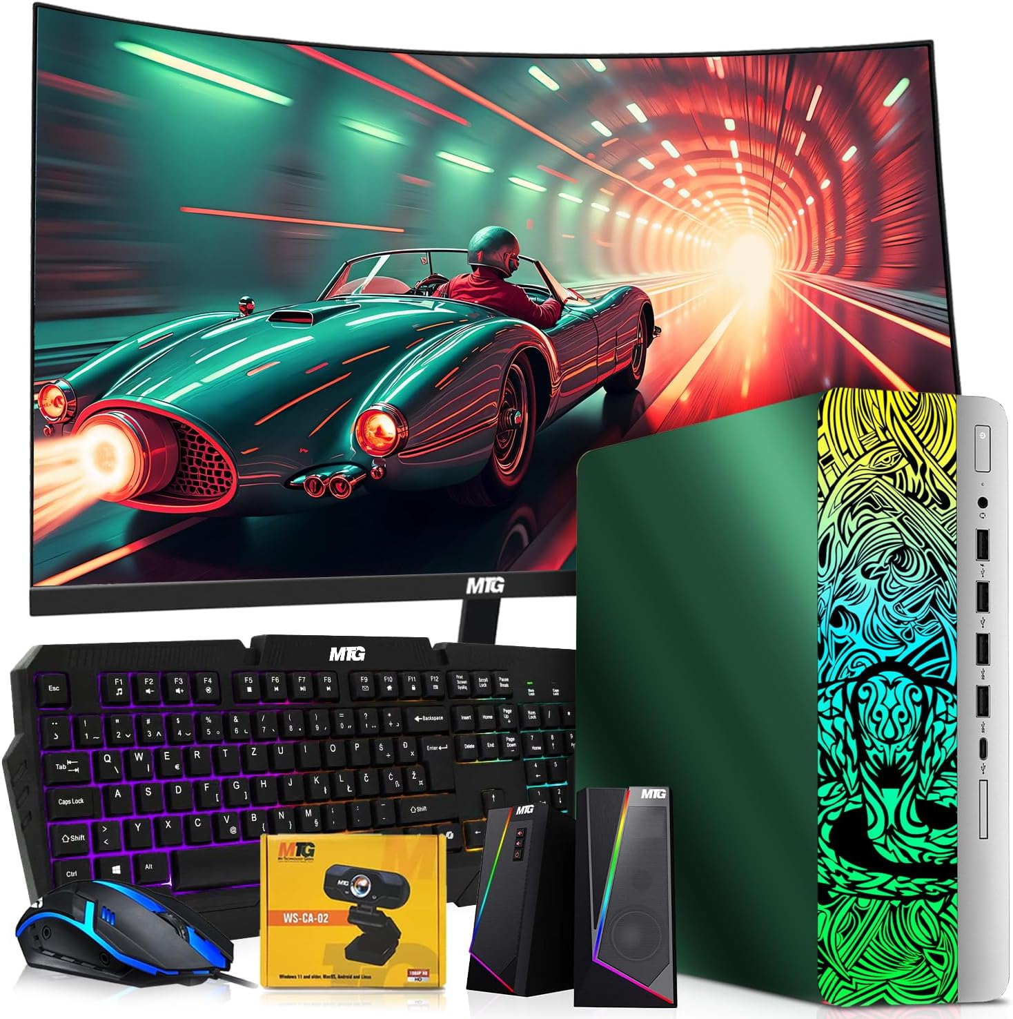 TechMagnet HP Emerald Green Cobra Edition RGB Gaming Desktop PC,Intel Core i7,16GB DDR4 RAM,512GB SSD,GT 1030 Graphics Card,24 Inch Curved Monitor,RGB Kit,Webcam,Windows 11 (Renewed)
