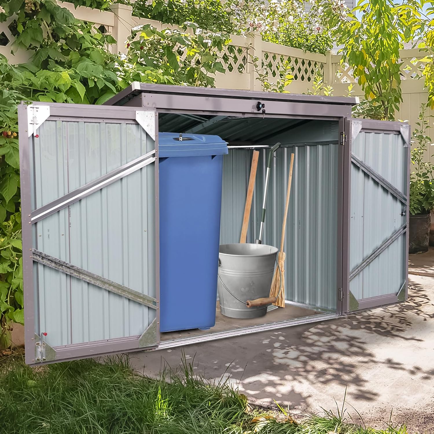 Garbage Bin Shed for 2 Trash Cans, Outdoor Metal Garbage Storage Shed with Lockable Door & Sloped Roof, Multi-Use Rust Prevention Galvanized Steel Enclosure for Yard, Garden, Patio (Gray)