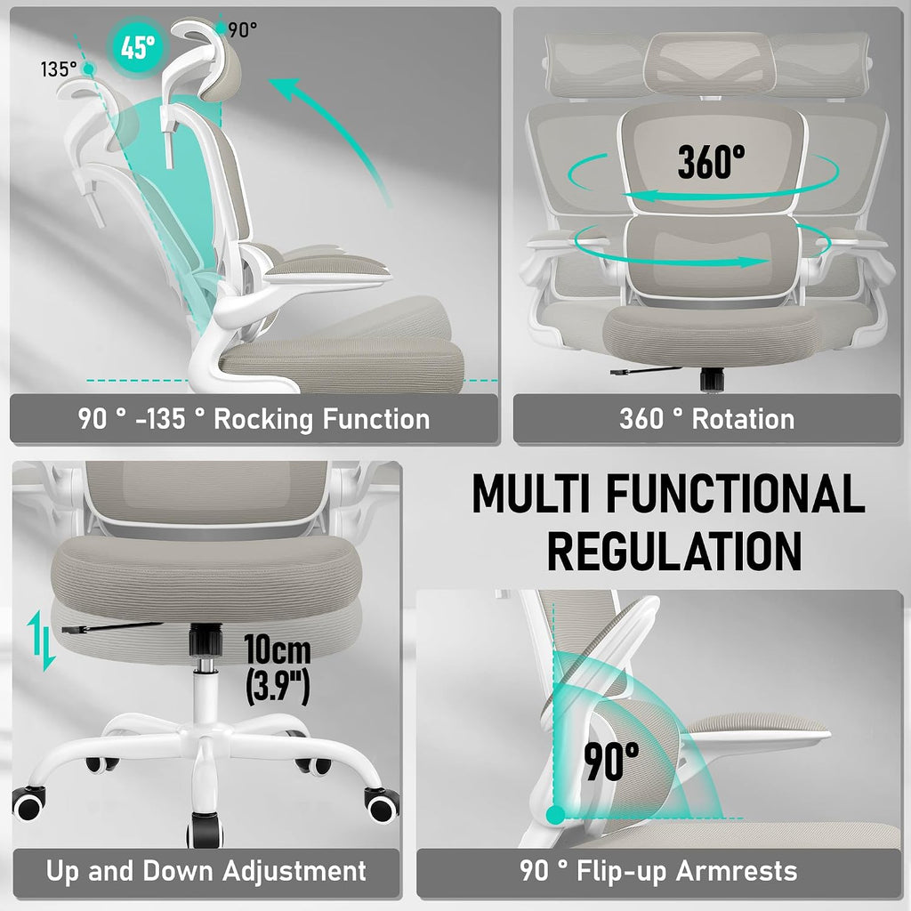 BESTFAIR High Back Ergonomic Office Chair, Breathable Mesh Desk Chair with Lumbar Support, Adjustable Headrest, Flip-up Armrests, Computer Gaming Chair, (LightGray)