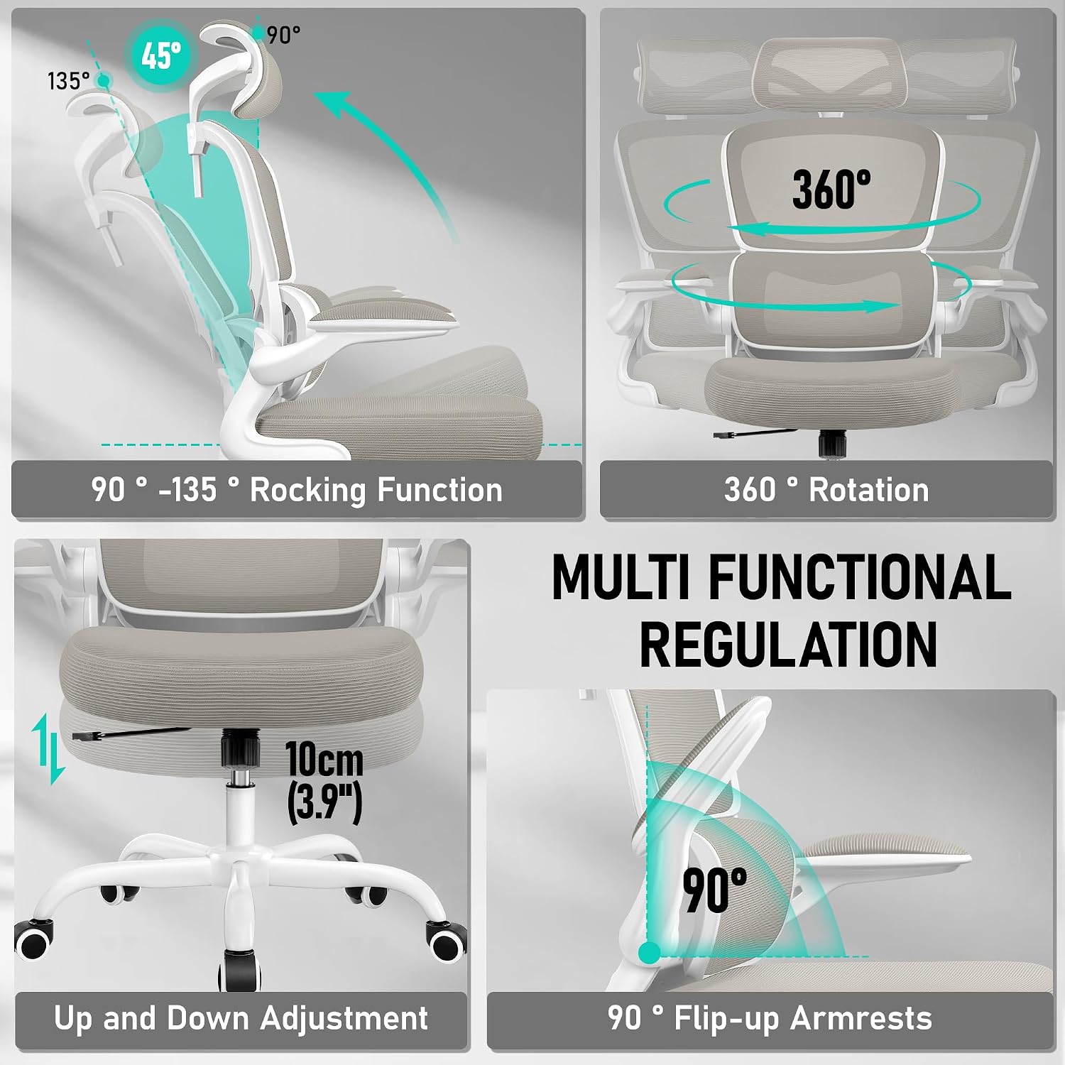 BESTFAIR High Back Ergonomic Office Chair, Breathable Mesh Desk Chair with Lumbar Support, Adjustable Headrest, Flip-up Armrests, Computer Gaming Chair, (LightGray)