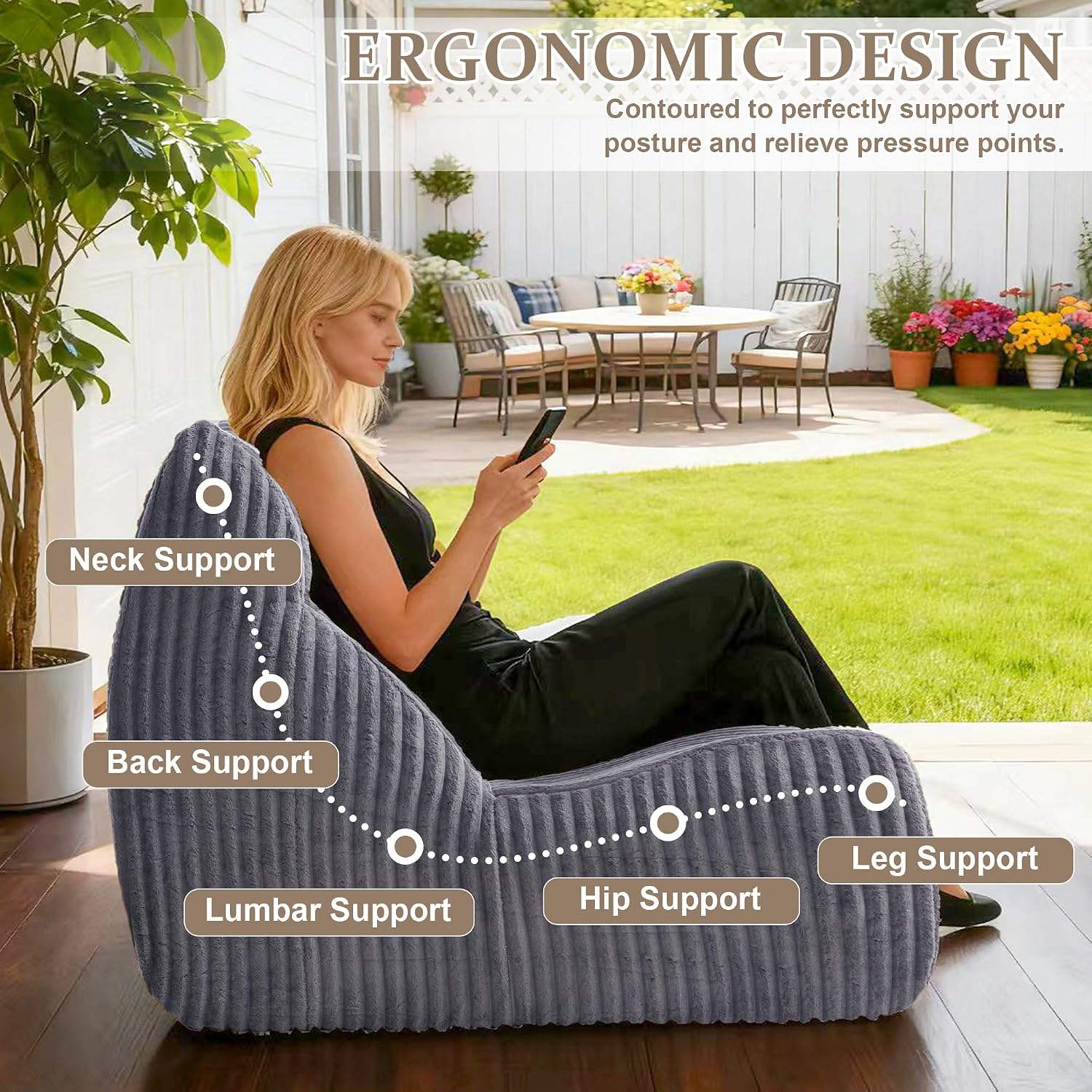 Bean Bag Chairs for Adults, Giant Bean Bag Chair, Memory Foam Lounge Chair, Comfy Lazy Floor Chair, Bean Bag Sofa for Living Room, Bedroom and Office, Loveseat Bean Bag (Grey)