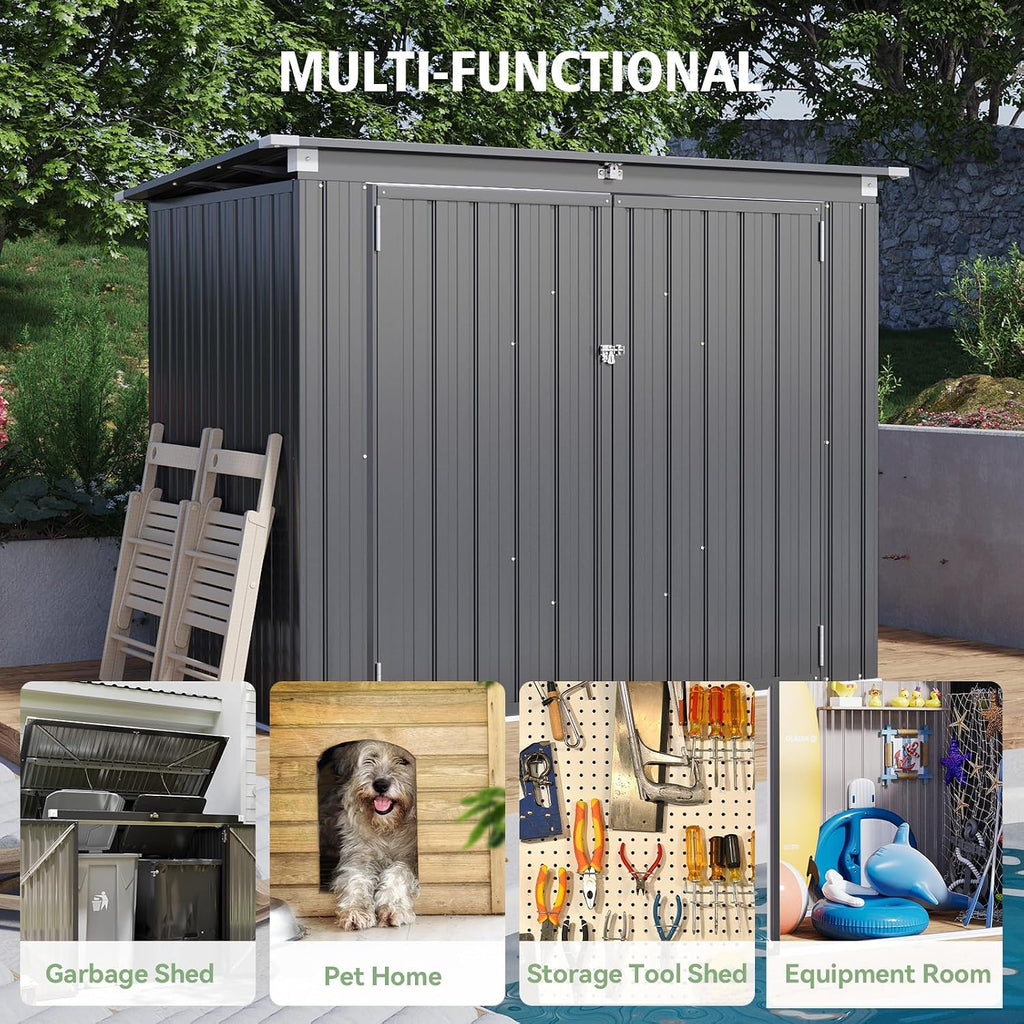 79 Cu. Ft Premium Storage Shed 3.3 x 5.6 FT Outside Metal Trash Shed Waterproof Outside Storage with Lid Chain Storage Trash Can Weeding Tools, for Garden, Backyard, Patio (Black)