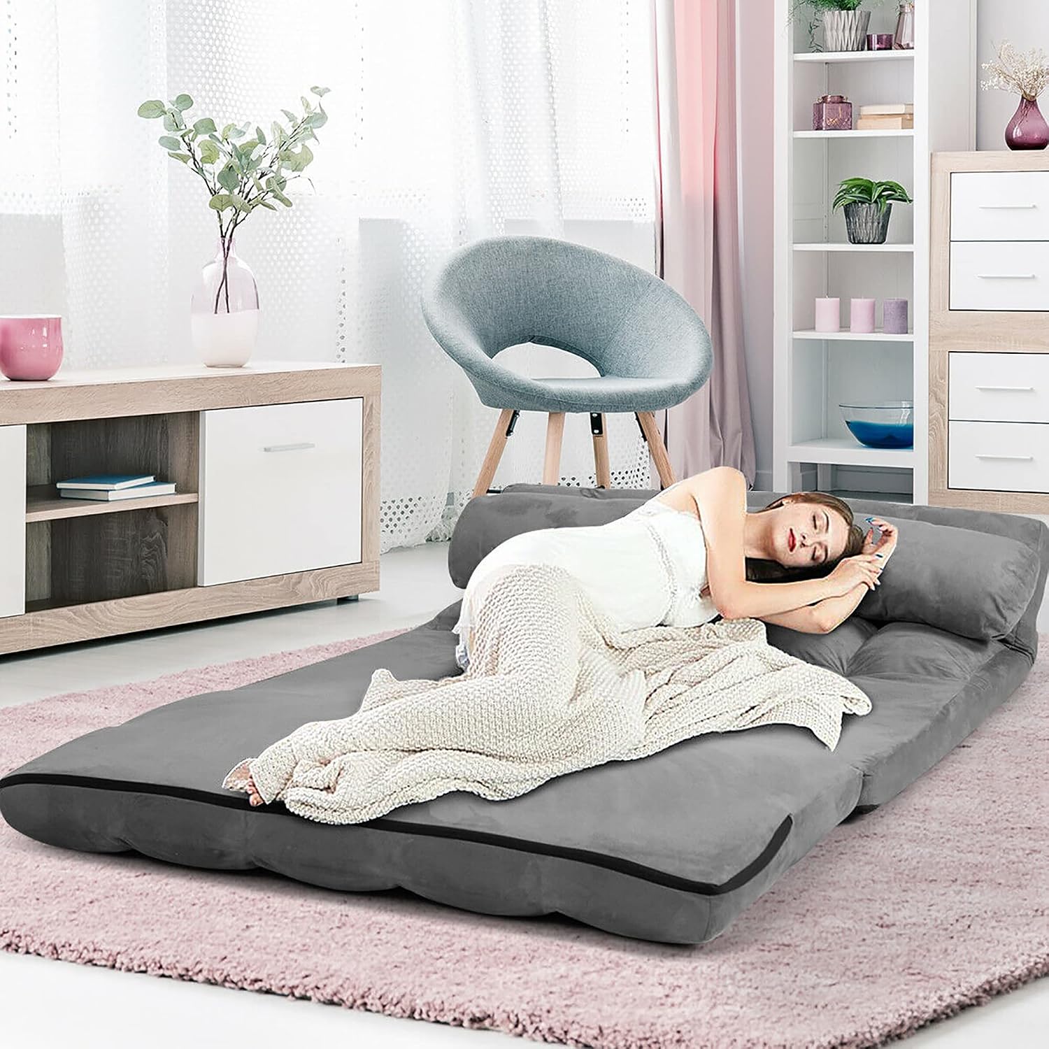 DORTALA Foldable Floor Sofa, 6-Position Adjustable Lounge Couch with 2 Pillows & Suede Cloth Cover, Modern Lounge Mattress Video Gaming Lazy Couch, Floor Seating Sofa, 71' x 44.5', Grey