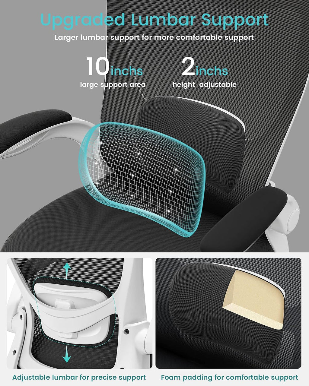 MUXX.STIL Office Chair, Ergonomic Desk Chair with Adjustable Lumbar Support and Flip up Armrest, Breathable Mesh Computer Chair for Home Office, White