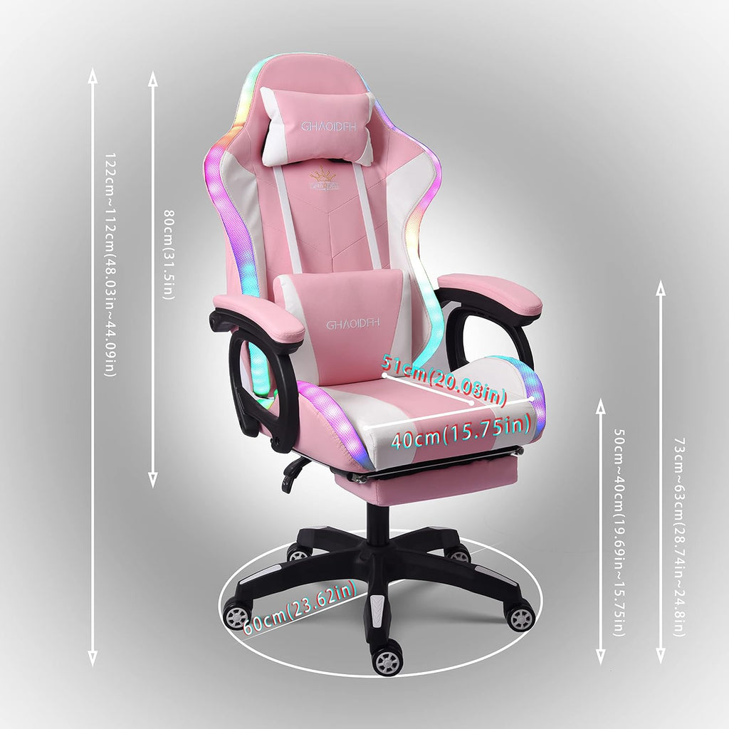 Massage Gaming Chair with Speakers, Reclining Computer Chair with Headrest and Lumbar Support,Ergonomic Gaming Chair with Footrest and Led Lights, Video Game Chair for Adults Kids.,Pink