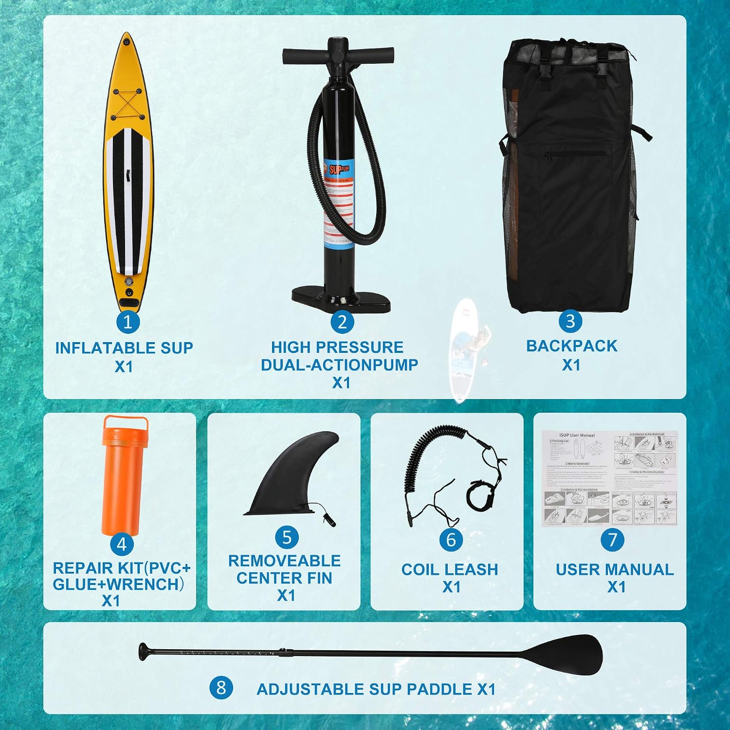 Inflatable Stand Up Paddle Board W SUP Accessories & Backpack Leash Double Action Hand Pump Repair Kit