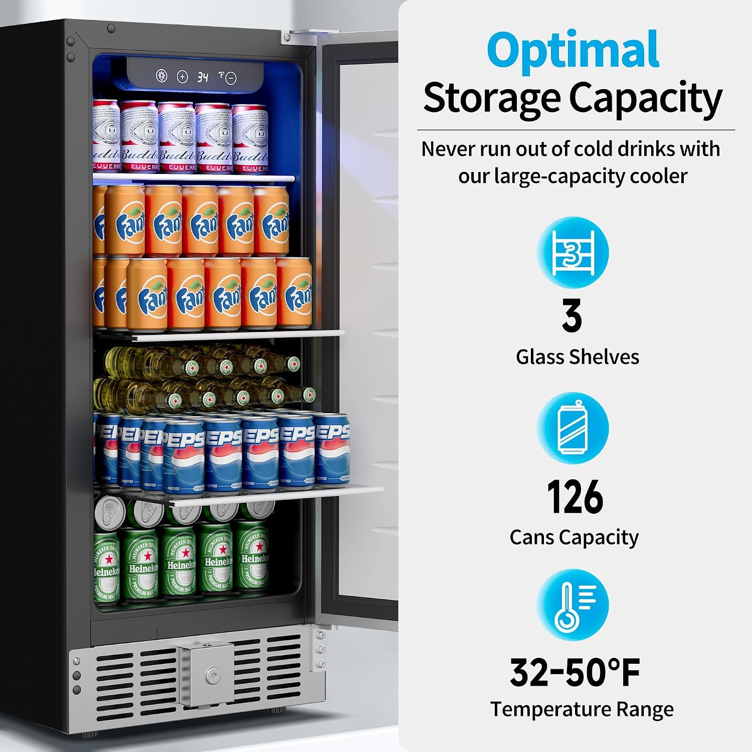 Feelfunn 15 Inch Under Counter Beverage Refrigerator - 126 Cans Beverage Fridge with Stainless Steel Door for Beer Wine Soda - Built-in or Freestanding Wine Cooler for Home Kitchen Bar