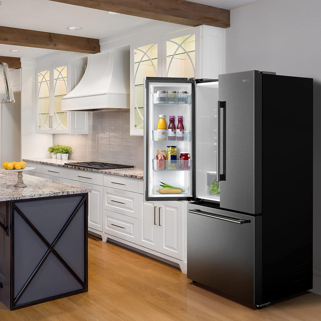 Galanz French Door Refrigerator with Installed Ice Maker and Bottom Freezer, Adjustable Electrical Thermostat Control, Frost Free, Energy Star Certified, Stainless Steel, 18 Cu Ft