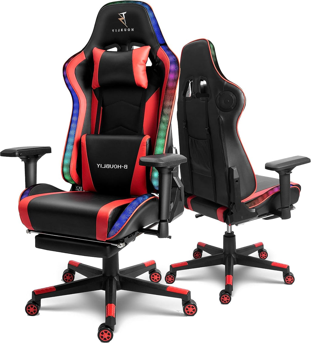 LED Gaming Chair,Massage Gaming Chair with Speakers,Ergonomic Video Game Chairs,PU Leather Swivel Chair with Lumbar Support, Adults Teens Computer Chair.,Red