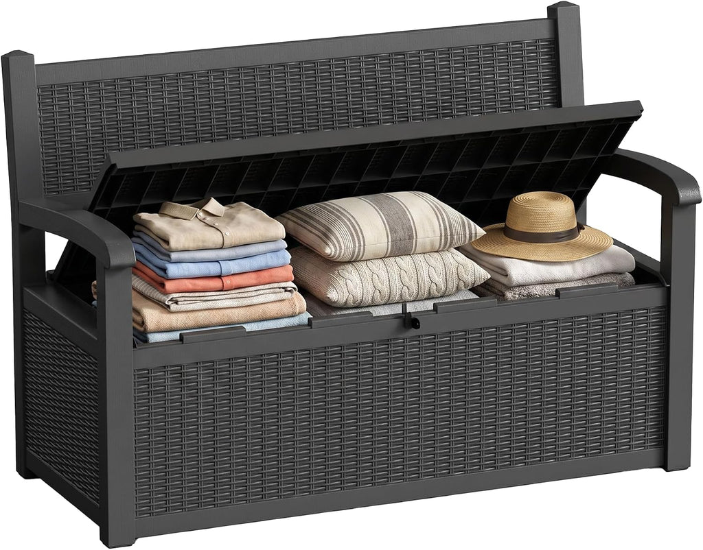 70 Gallon Storage Bench Deck Box Resin Patio Furniture with Armrest, Waterproof and UV Resistant Lockable for Patio Furniture, Garden Decor and Outdoor Seating for Cushions, Garden Tools,Black