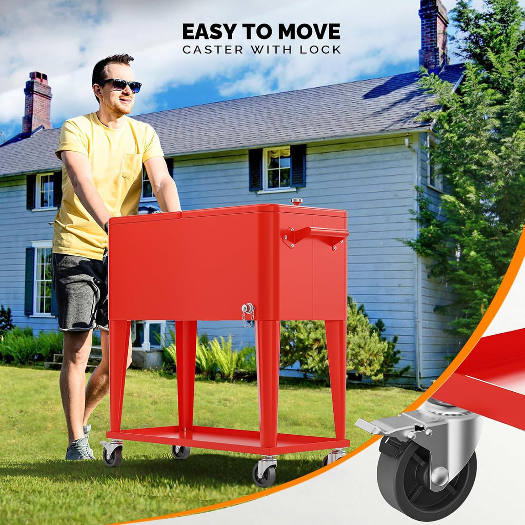 VINGLI Rolling Ice Chest, Portable Patio Party Bar Drink Cooler Cart, with Shelf, Beverage Pool with Bottle Opener