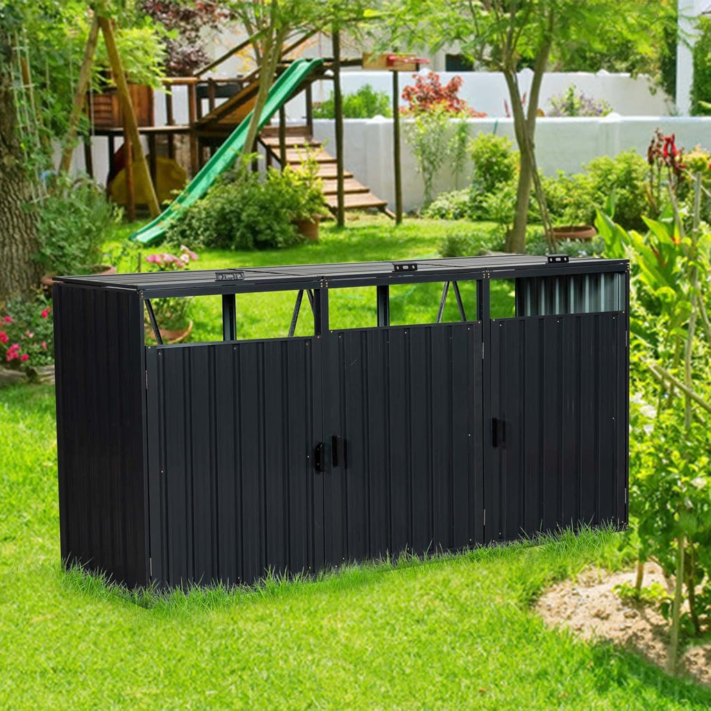 Outdoor Garbage Bin Storage Shed for 3 Trash Cans, Stainless Galvanized Steel Bin Shed with Lockable Doors, Metal Trash Can Hider for Garden Yard Lawn (Black)