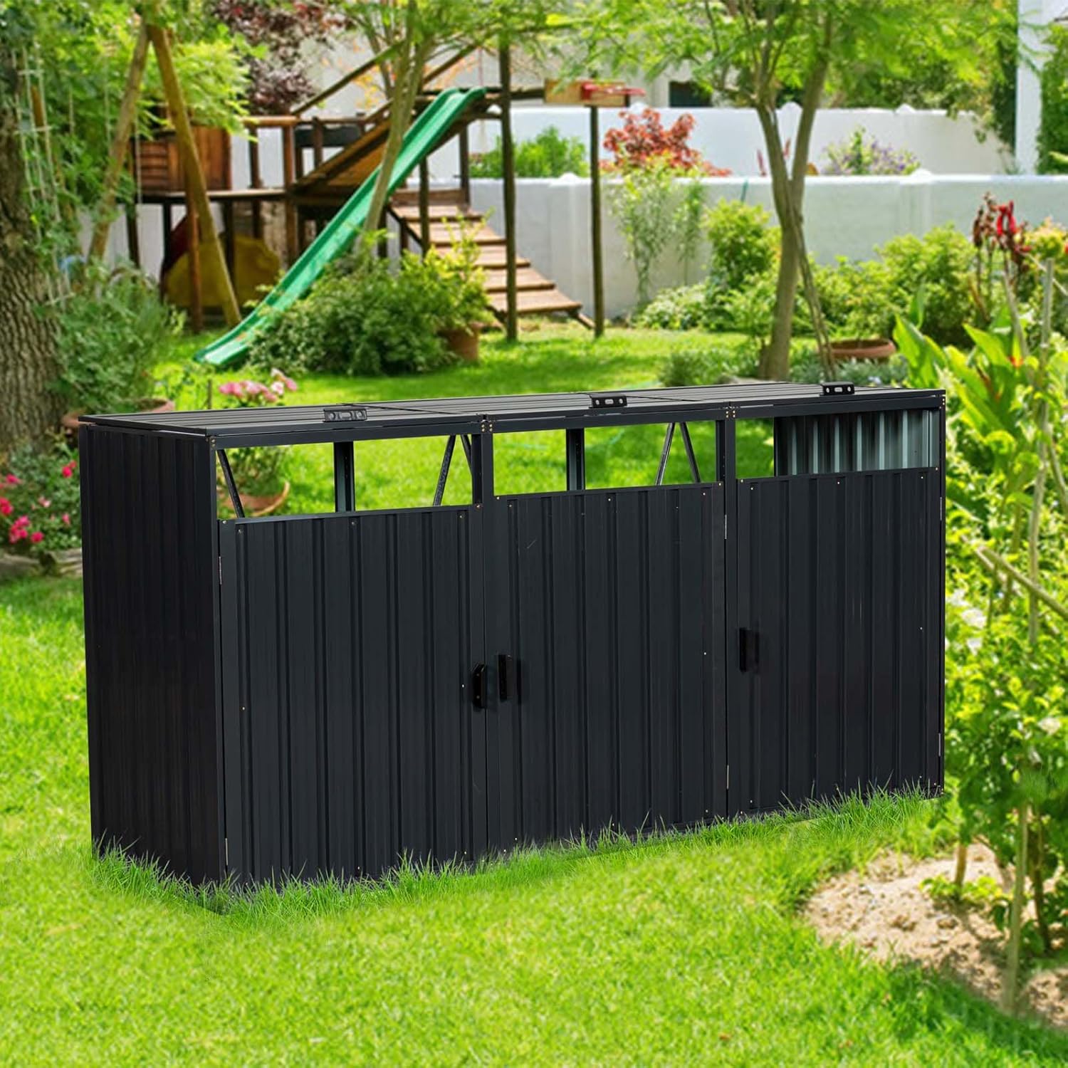 Outdoor Garbage Bin Storage Shed for 3 Trash Cans, Stainless Galvanized Steel Bin Shed with Lockable Doors, Metal Trash Can Hider for Garden Yard Lawn (Black)