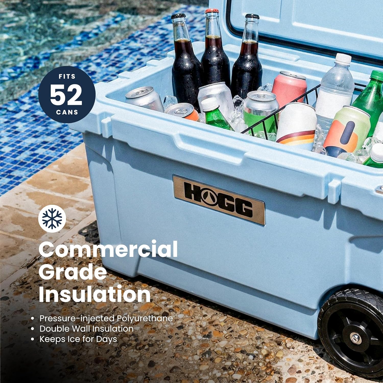 Ice Cooler with Wheels and Handle, Wheeled Cooler, Insulated Ice Chest with Wheels and Handle for Fishing and Camping with Dry Storage, Bottle Openers, and Cupholders