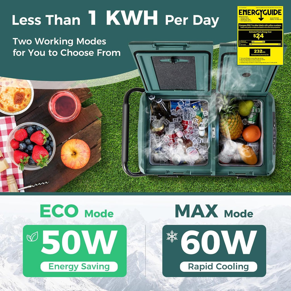 COSTWAY Car Refrigerator with Wheels, 42-Quart Dual-zone Dual-temperature Electric Cooler, 12V/24V DC, 100-240V AC, -4°F To 68°F, Reversible Lids, Car Freezer for RV Camping, Green+Black