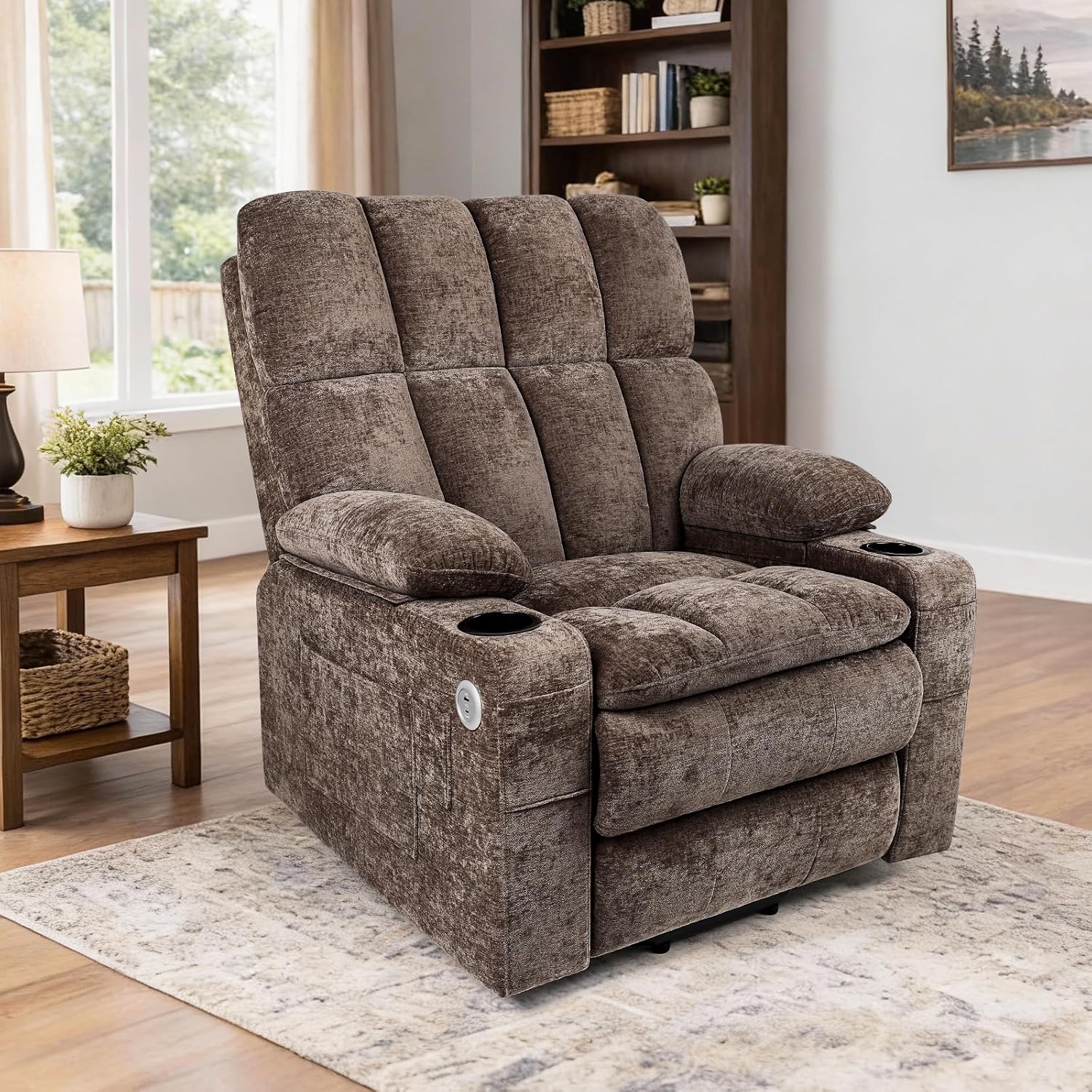 Oversized Power Recliner Chair with 26' Wide Seat for Big and Tall, 20,000+ Rubs Durable Chenille Fabric, USB & Type-C Charging, Dual Remotes, Brown