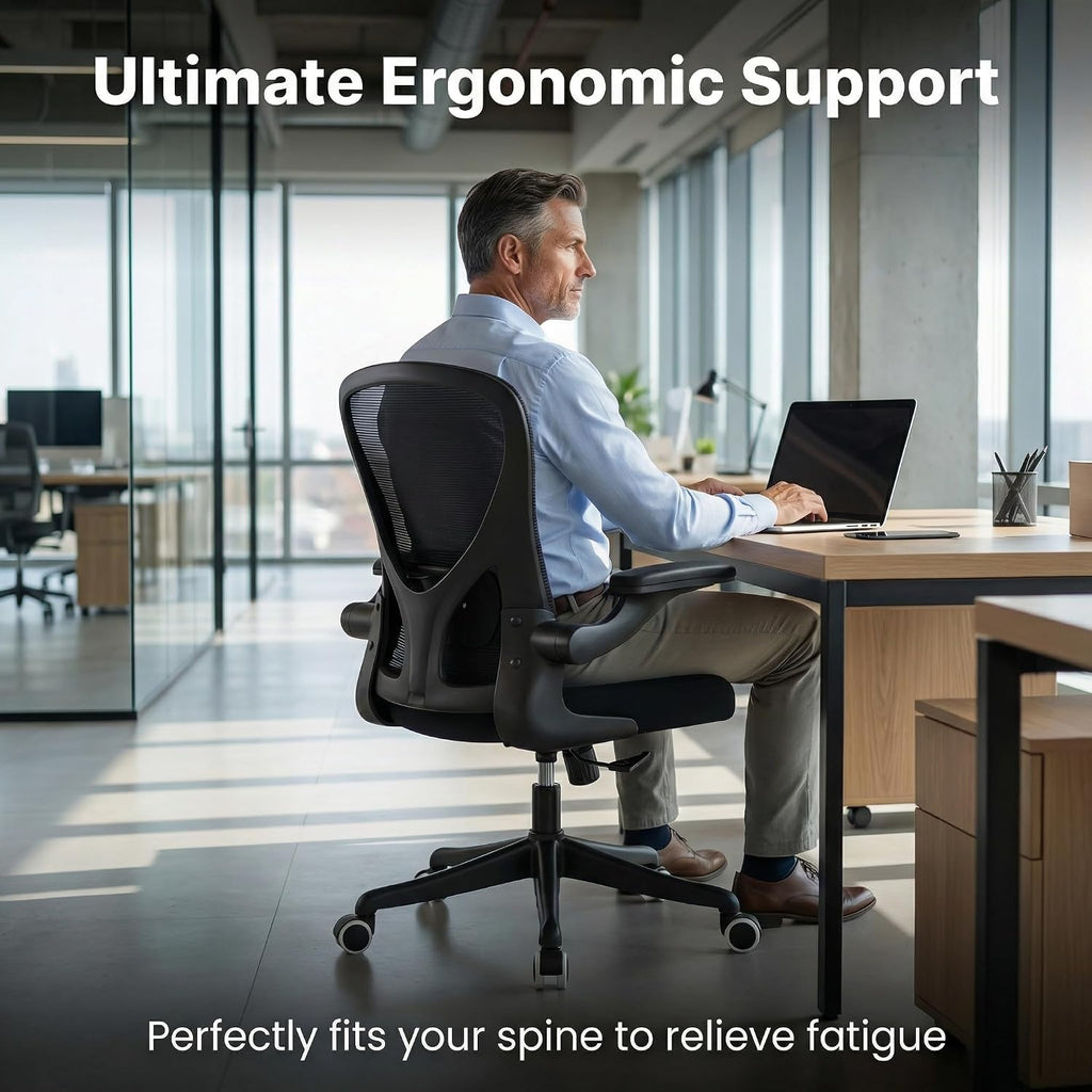Ergonomic Office Chair with Adjustable Lumbar Support & Flip-Up Armrests - High Back Computer Desk Chair with Thickened Seat Cushion, Rolling Wheels for Home/Office Study Work (01Blcak)