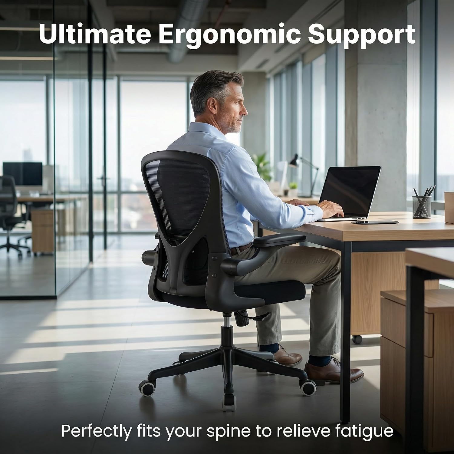 Ergonomic Office Chair with Adjustable Lumbar Support & Flip-Up Armrests - High Back Computer Desk Chair with Thickened Seat Cushion, Rolling Wheels for Home/Office Study Work (01Blcak)