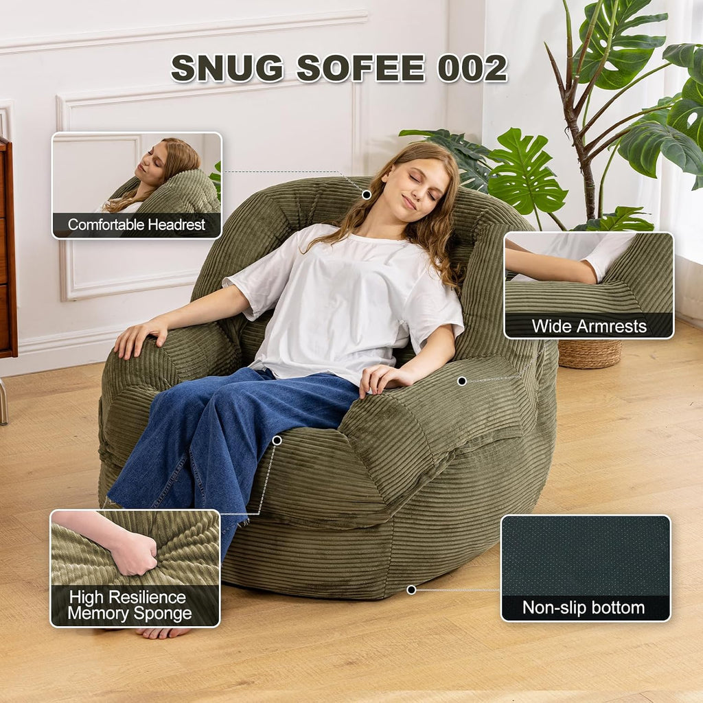 Giant Bean Bag Chair with Armrests - Oversized Cozy Seating for Adults, Corduroy Fabric & High-Resilience Foam Filling, Ideal Lounge for Living Room, Bedroom & Gaming Room (Olive Green)