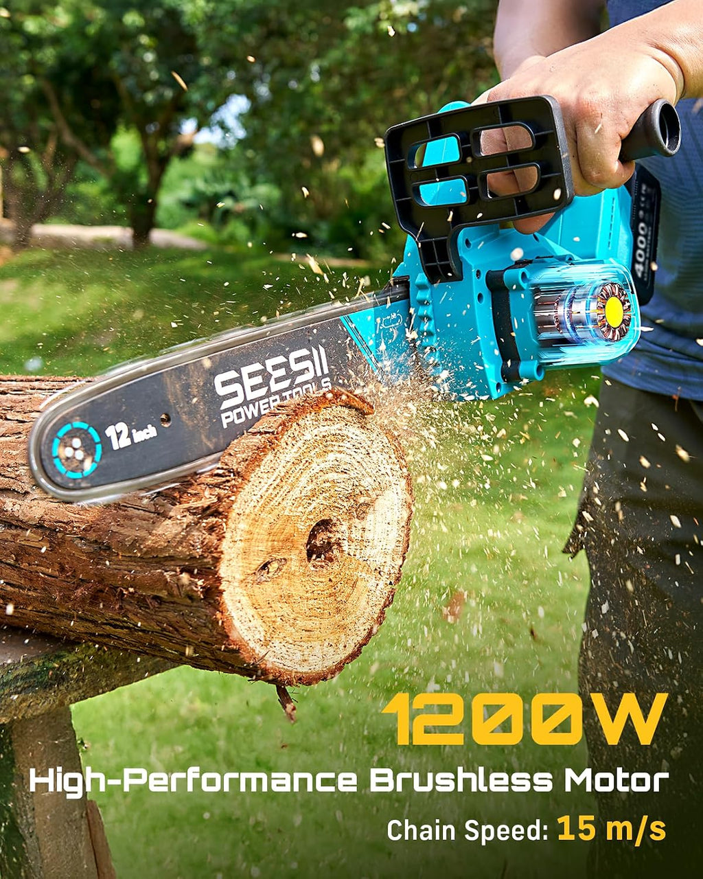 SEESII Electric Chainsaw Cordless 12-inch, Handheld Chain Saws with 2 x 4.0Ah Battery, Tree Saw with Tool-free Chain Tension, Auto Oiling for Wood Cutting Trimming Branch