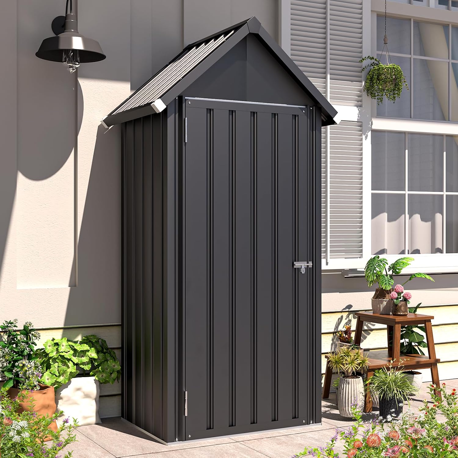 AECOJOY Outdoor Storage Cabinet Waterproof, Vertical Tall Outdoor Storage Cabinet with Shelves, All Weather Metal Vertical Storage Shed & Outdoor Cabient for Garden in Dark Grey