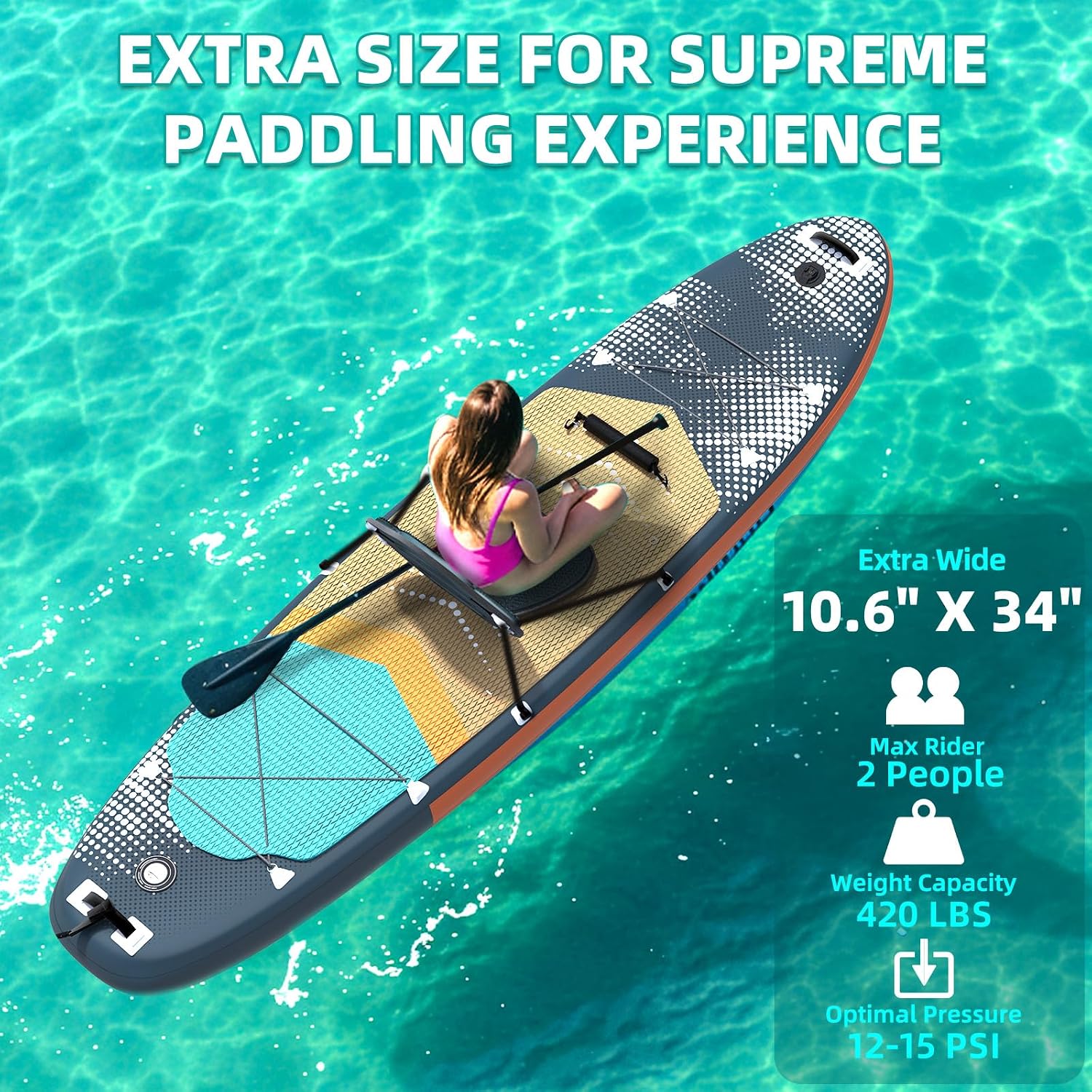 Inflatable 10.5' Stand Up Paddle Board with Strapped Seat, Premium SUP Board Kit, Includes Paddle, Pump, Backpack, Waterproof Bag, Perfect for Yoga, Fishing, and Surfing, Dark Blue & Red