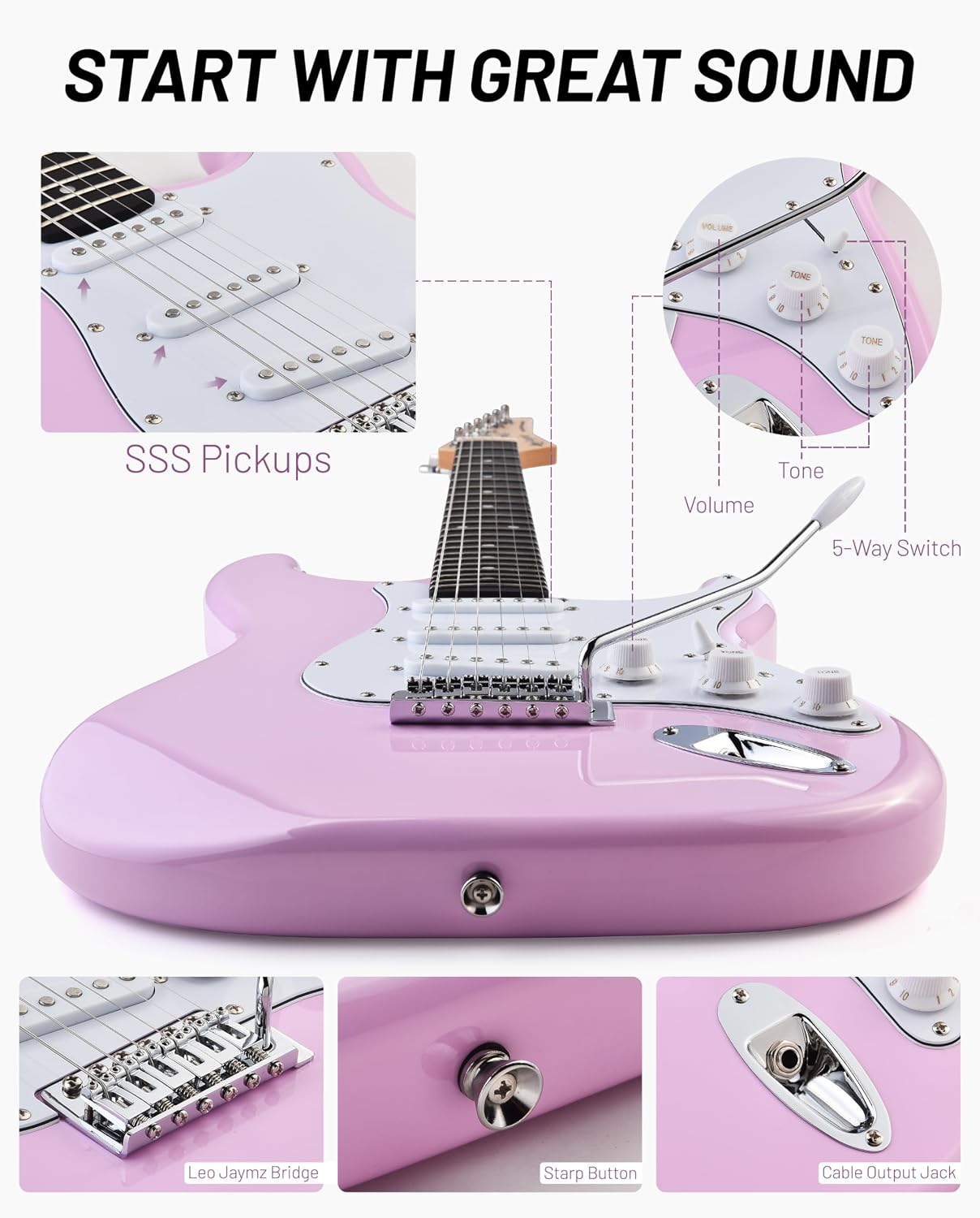 Leo Jaymz Beginner Electric Guitar Complete Kit with Portable Amp, Padded Gig Bag & Full Accessories, Maple Neck SSS Pickups (Pink)