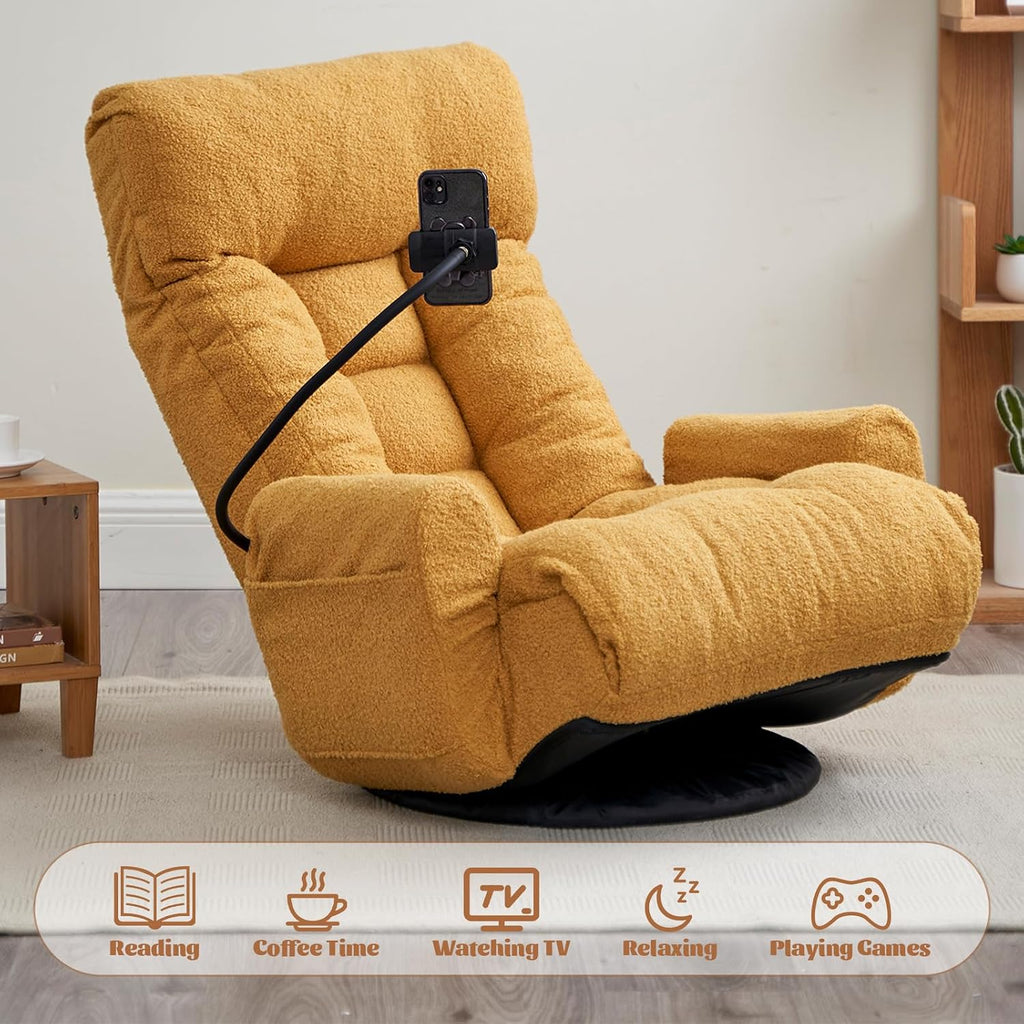 360° Swivel Floor Gaming Chair Teddy Folding Lounge Chair Sofa Chair with Adjustable Head and Waist, Armrests & Phone Holder, Padded Cushion Leisure Chairs for Living Room Bedroom (Yellow)