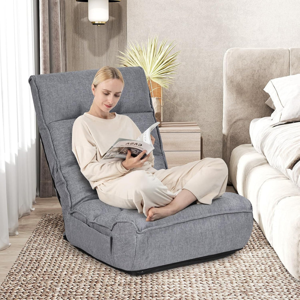 KOMFOTT Folding Floor Chair for Adults, Floor Gaming Chair with 5-Position Adjustable Headrest & 4-Position Adjustable Backrest, Side Pocket, Floor Seating Lazy Sofa for Reading, Meditating, Grey