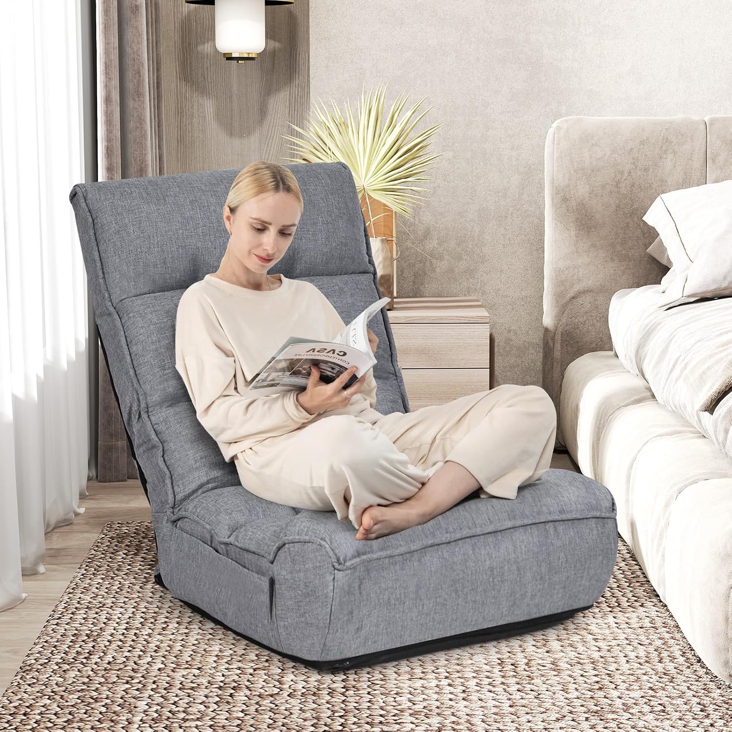 KOMFOTT Folding Floor Chair for Adults, Floor Gaming Chair with 5-Position Adjustable Headrest & 4-Position Adjustable Backrest, Side Pocket, Floor Seating Lazy Sofa for Reading, Meditating, Grey
