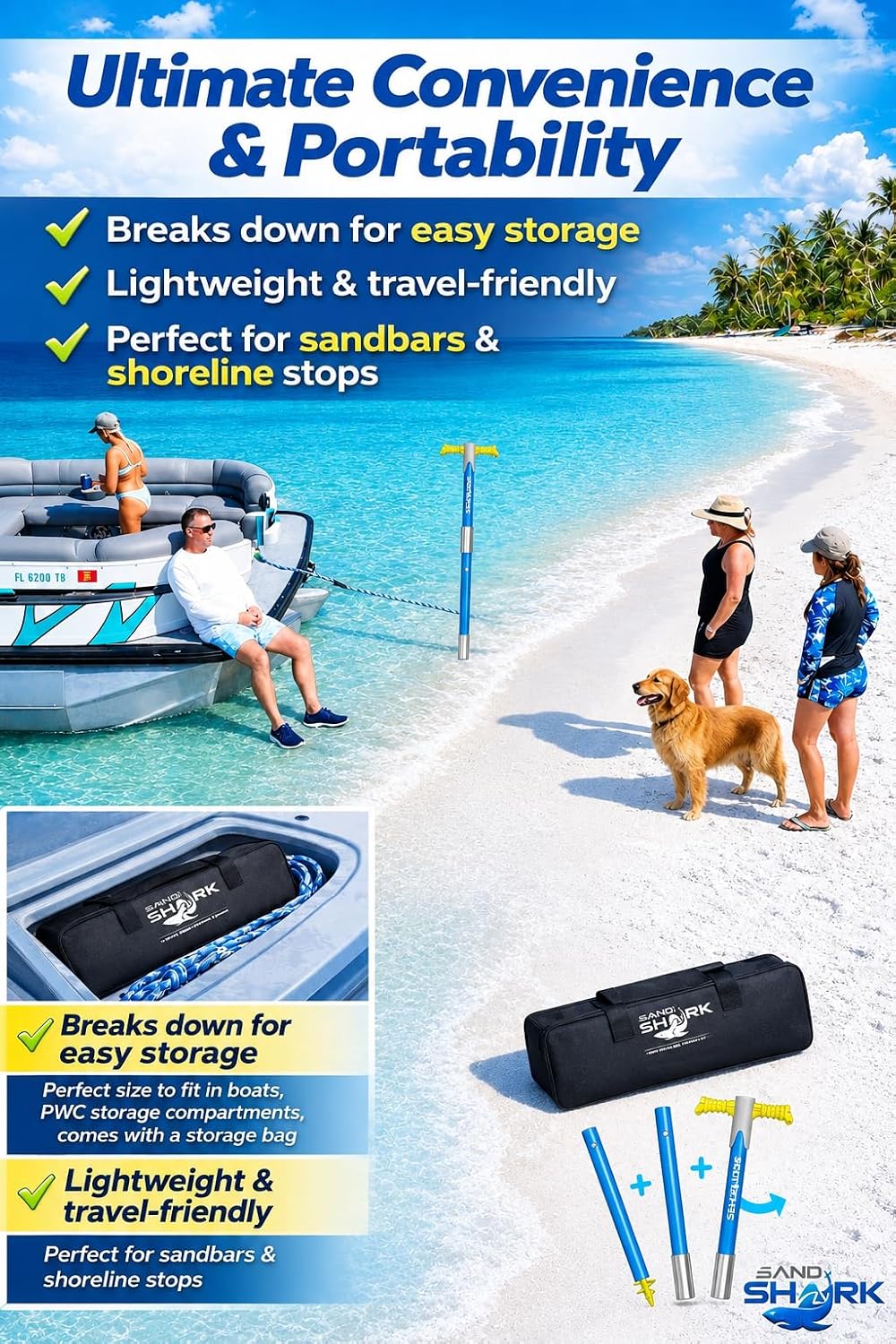 SandShark Supersport 3.0 Shallow Water Anchor - Great Jet Ski, PWC, Pontoon Boat Accessory - Adjusts 29'-48' w/Case