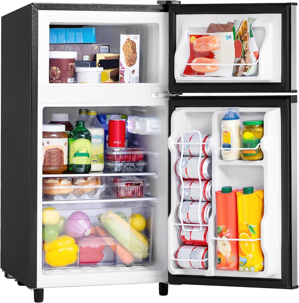 Manastin 3.55 Cu.Ft Mini Fridge with Freezer - 2 Doors for Office, Kitchen, Dorm and Bedroom, Mini Refrigerator with Adjustable Shelves (Silver)