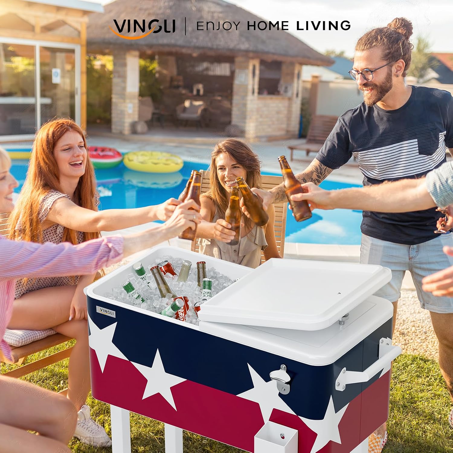 VINGLI Rolling Ice Chest, Portable Patio Party Bar Drink Cooler Cart, with Shelf, Beverage Pool with Bottle Opener