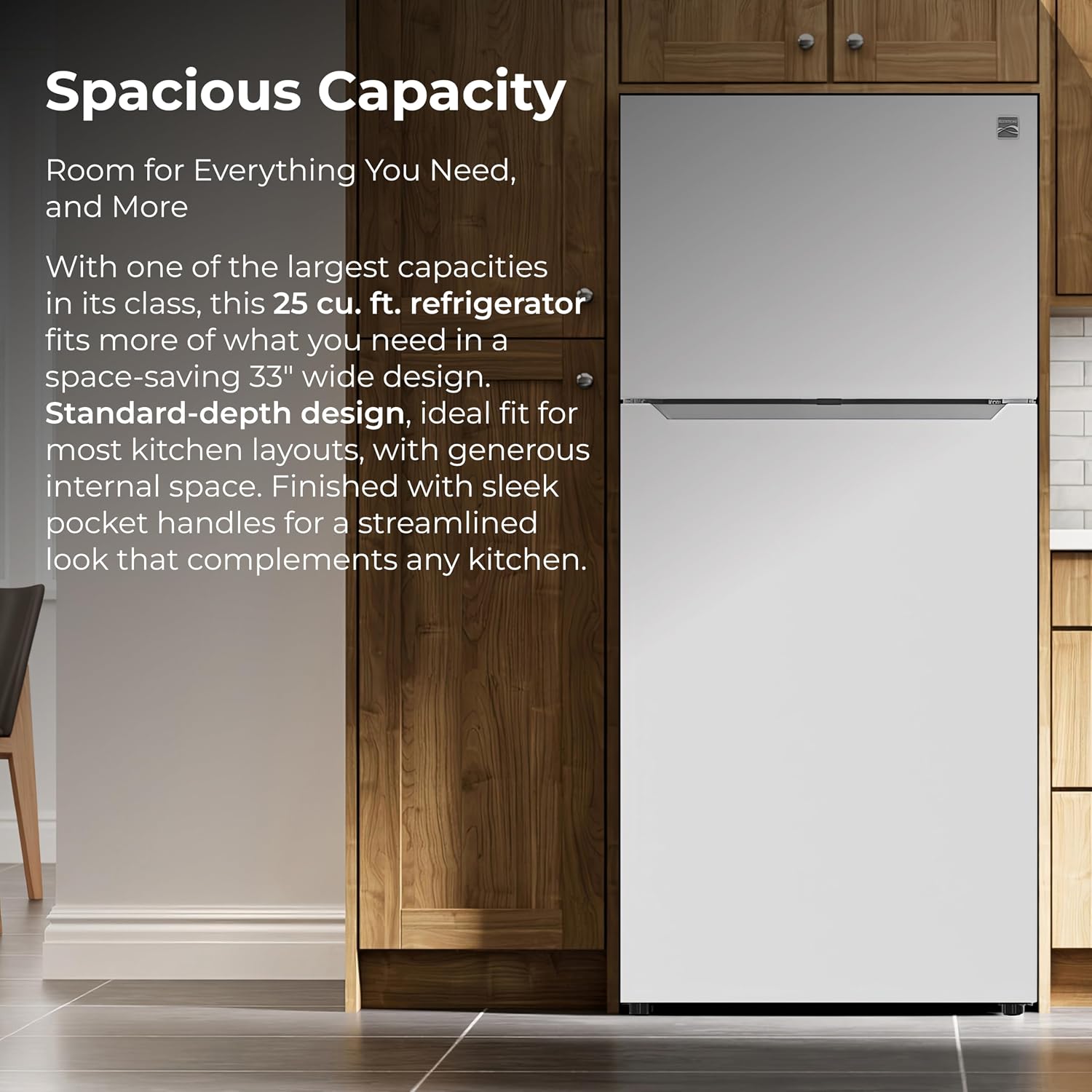Kenmore 33' Top Mount Refrigerator with Freezer - Adjustable Shelving, Humidity-Controlled Crispers, Optional Ice Maker, LED Lighting, ENERGY STAR Certified, 25 cu. ft. Capacity - White