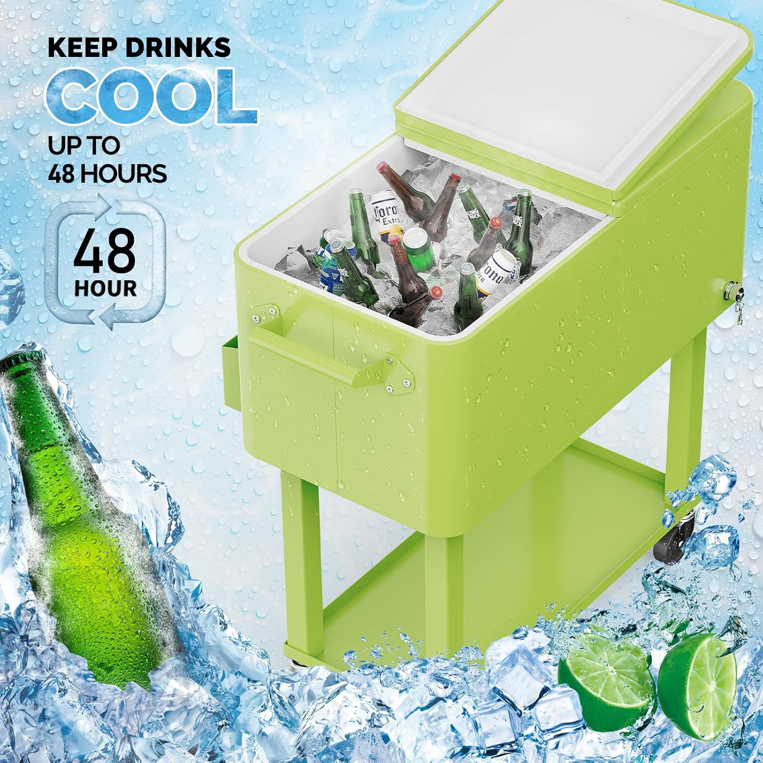 VINGLI 80 Quart Rolling Ice Chest, Portable Patio Party Bar Drink Cooler Cart, with Shelf, Beverage Pool with Bottle Opener Light Green