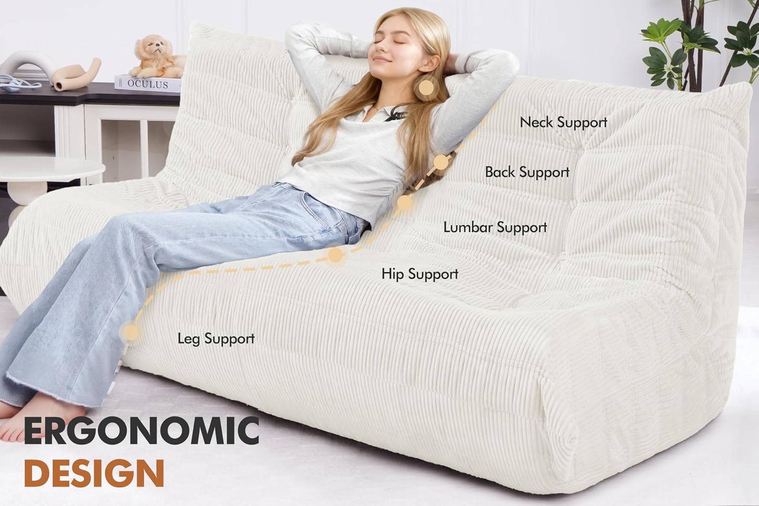 Bean Bag Chair,Giant Beanbag Chairs for Adults,Comfy Large Fireside Chair Lazy Sofa,Corduroy Bean Bag Lounger with Memory Foam Filled,Floor Sofa Couch for Home,Living Room (Beige, 3-Seater)