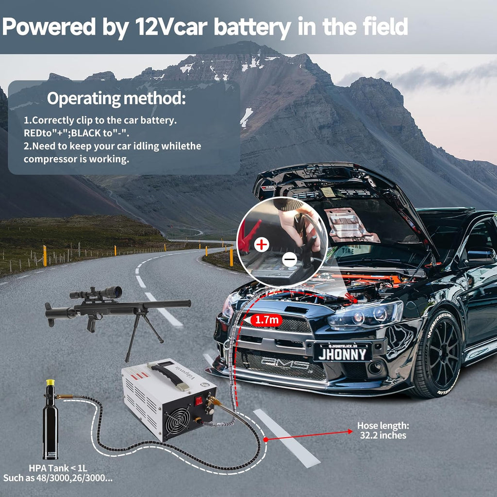 PCP Air Compressor, 4500 psi / 30 MPa PCP Airgun Compressor, 12V DC / 120V AC Power Manual Shut-off, Built-in Converter and Fan Cooling System Suitable for Paintball, Scuba Tank Compressor