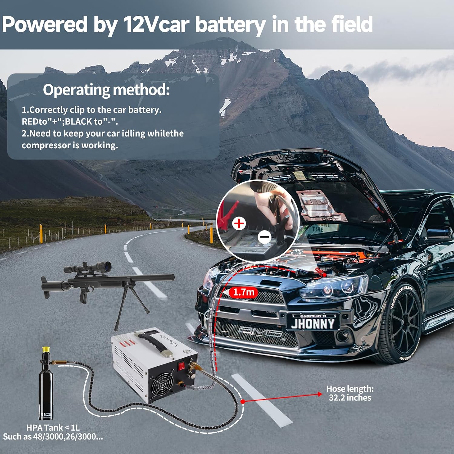 PCP Air Compressor, 4500 psi / 30 MPa PCP Airgun Compressor, 12V DC / 120V AC Power Manual Shut-off, Built-in Converter and Fan Cooling System Suitable for Paintball, Scuba Tank Compressor