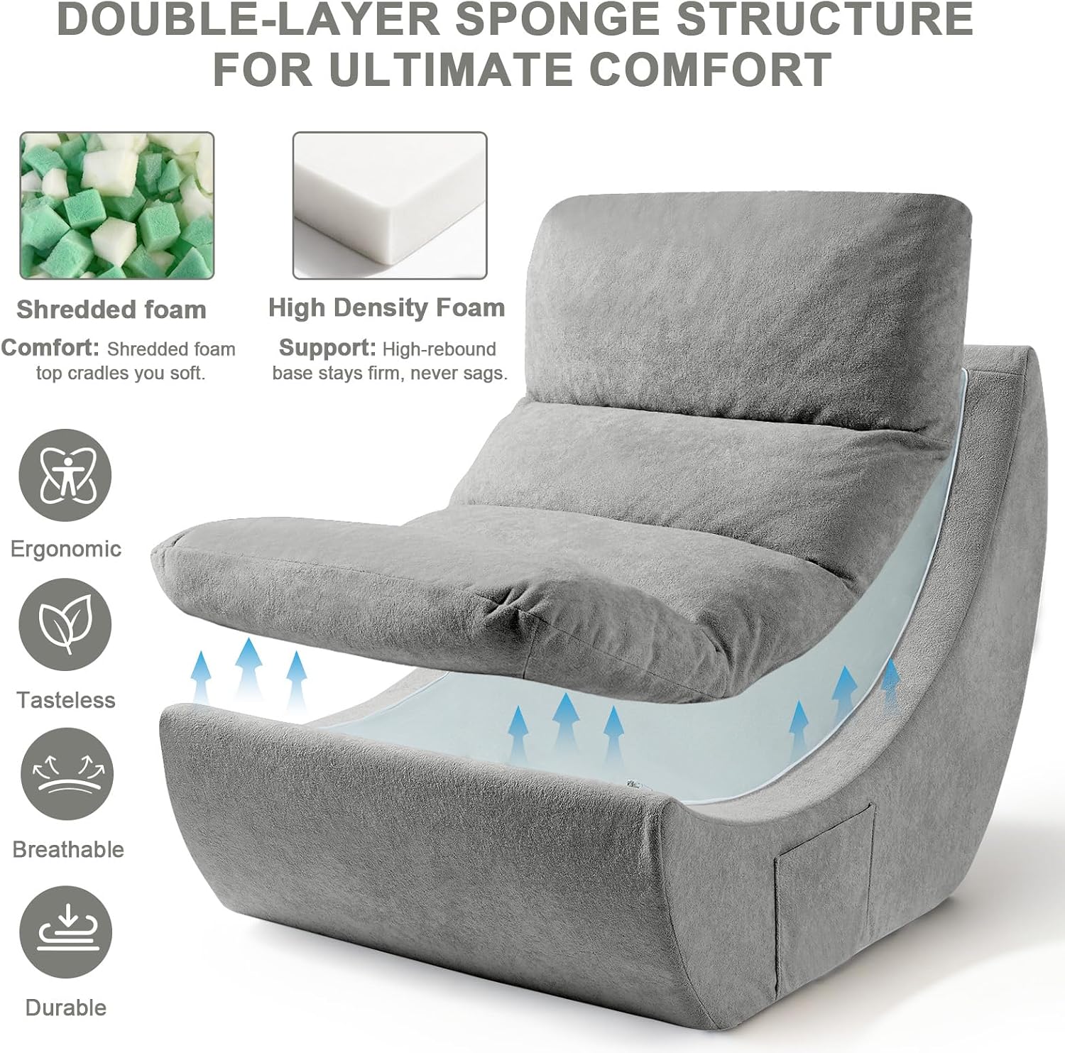 Comfy Reading Chair for Adults, Modular Sectional Sofa Bean Bag Chair, Cloud Boneless Couch Style with High Rebound Foam, Single Seat Compressible Sofa for Living Room & Bedroom, Grey