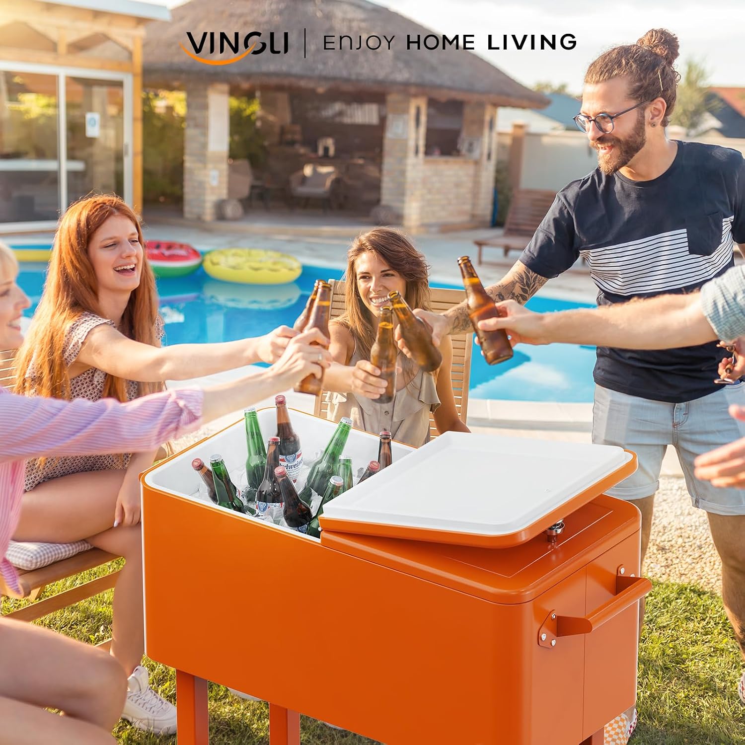 VINGLI Rolling Ice Chest, Portable Patio Party Bar Drink Cooler Cart, with Shelf, Beverage Pool with Bottle Opener