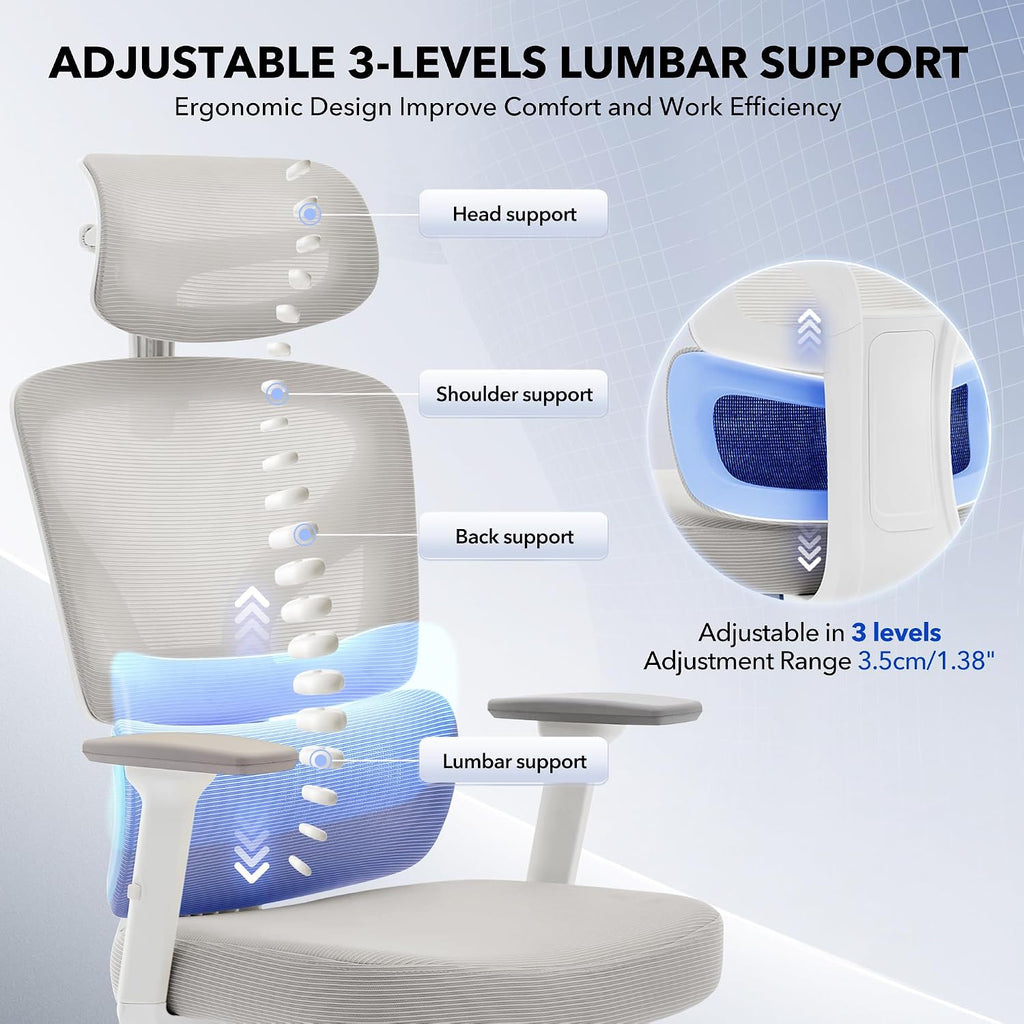 Office Chair Ergonomic Desk Chair - Home Mesh Office Desk Chair with Adjustable Lumbar Support, High-Back Computer Gaming Chair with Headrest 3D Armrests, Rolling Swivel Task Chairs for Home, Office