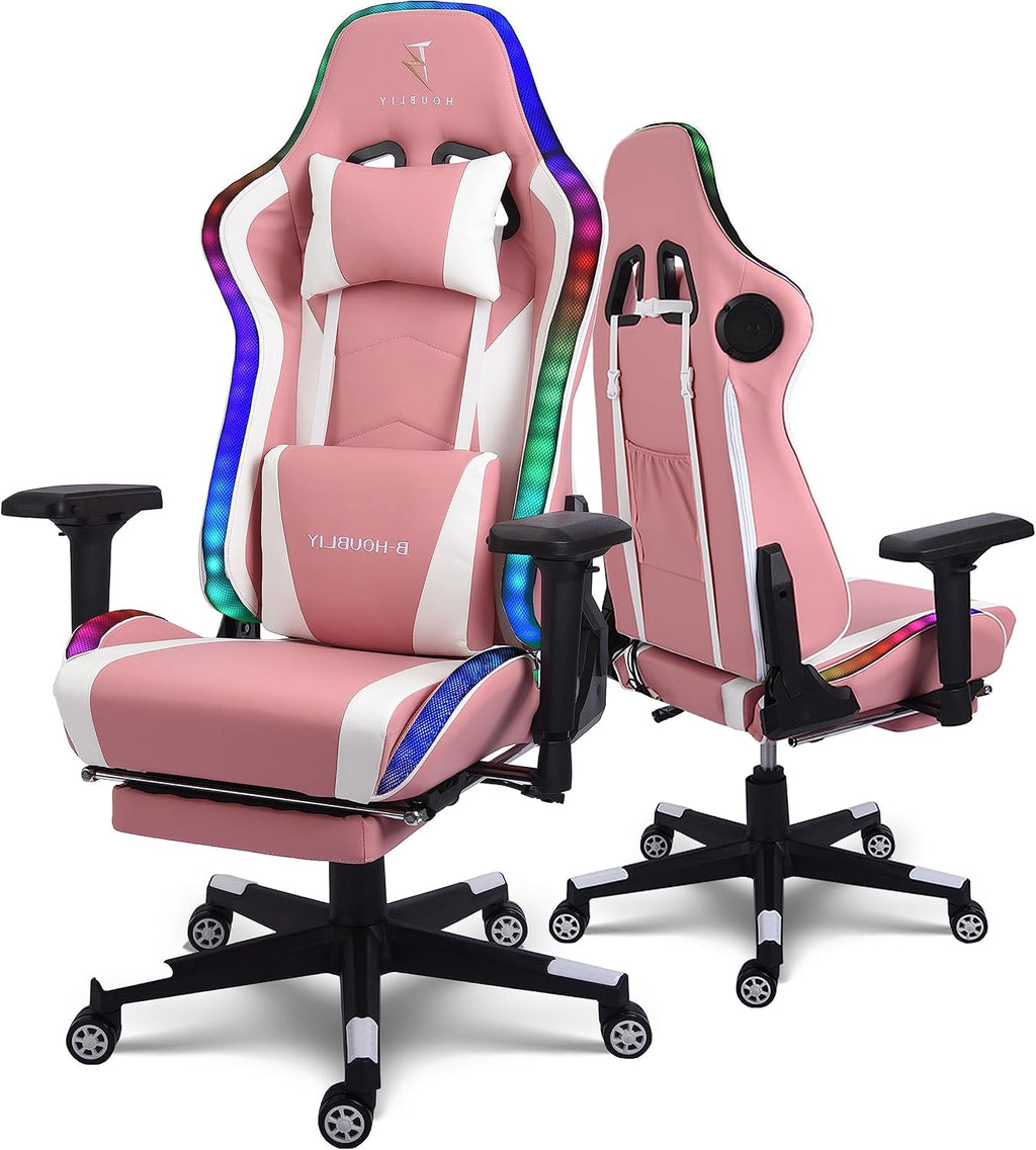 LED Gaming Chair,Massage Gaming Chair with Speakers,Ergonomic Video Game Chairs,PU Leather Swivel Chair with Lumbar Support, Adults Teens Computer Chair.,Pink