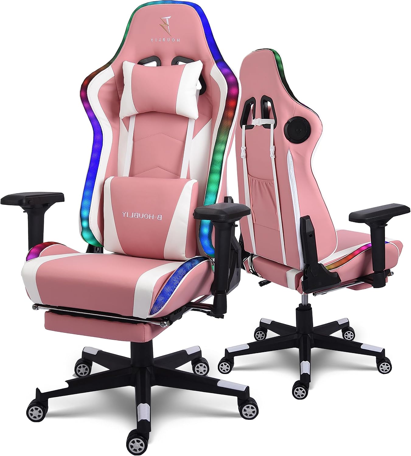 LED Gaming Chair,Massage Gaming Chair with Speakers,Ergonomic Video Game Chairs,PU Leather Swivel Chair with Lumbar Support, Adults Teens Computer Chair.,Pink