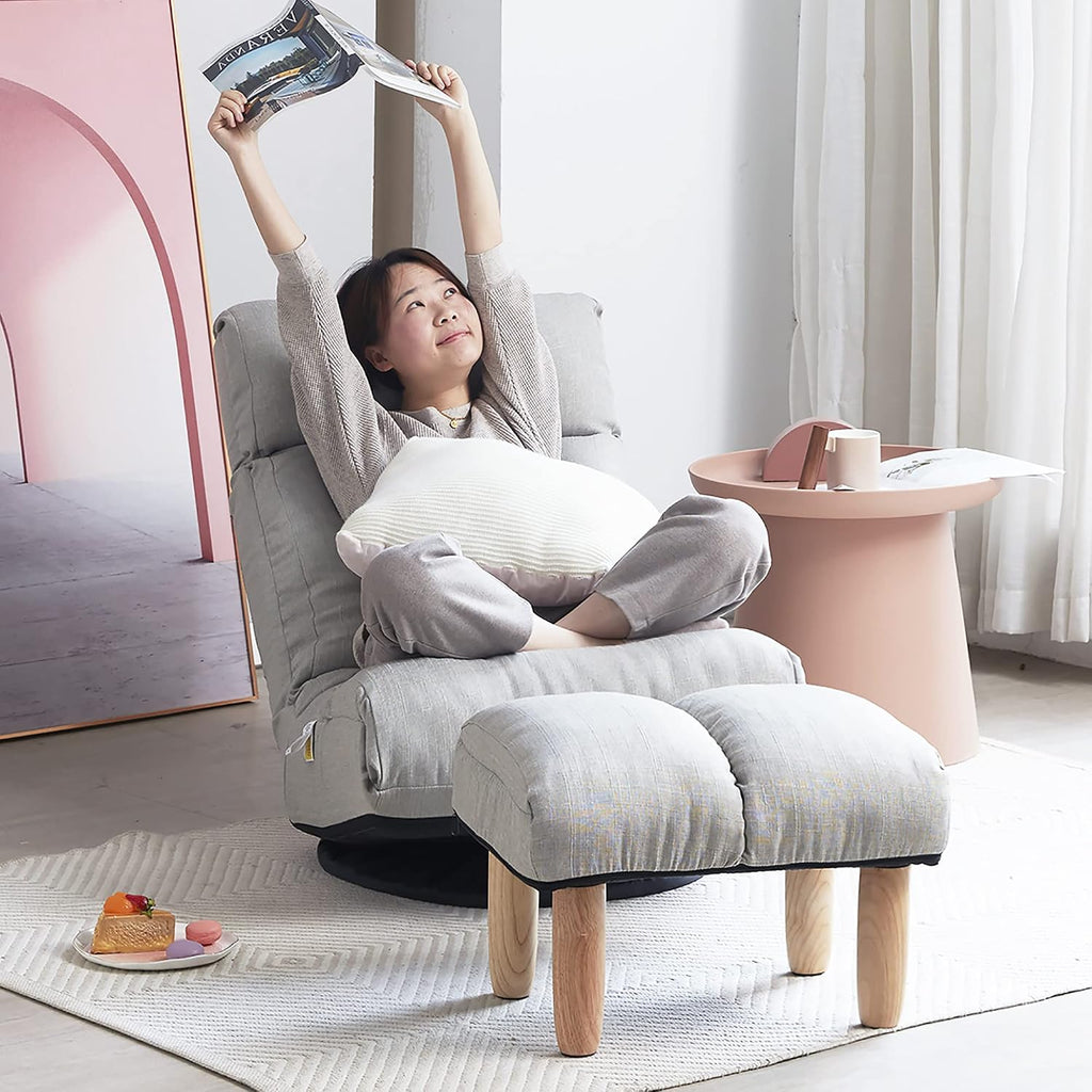 Yoglad Japanese Style Chaise Lounge Sofa 360-Degree Swivel Chair Floor Gaming Chair Lazy Sofa for Reading Game Meditating, 3 Adjustable Positions with Comfortable Backrest (Gray+Ottoman)