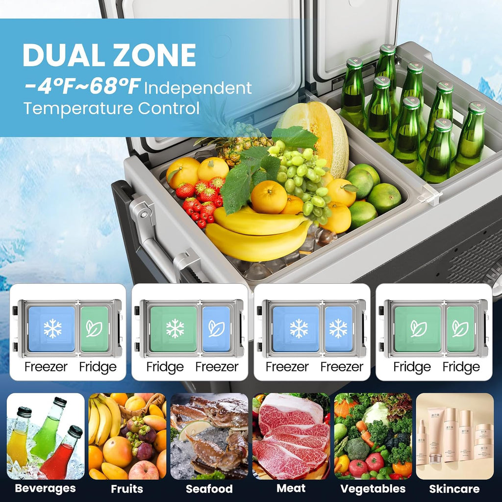 GarveeTech 51 QT Car Refrigerator, 12V Portable Electric Freezer, Dual Zone -4℉-68°F, App Control, Movable Wheels, for Camping, Picnic, Travel, Road Trip, Home, 12/24V DC & 110/240V AC