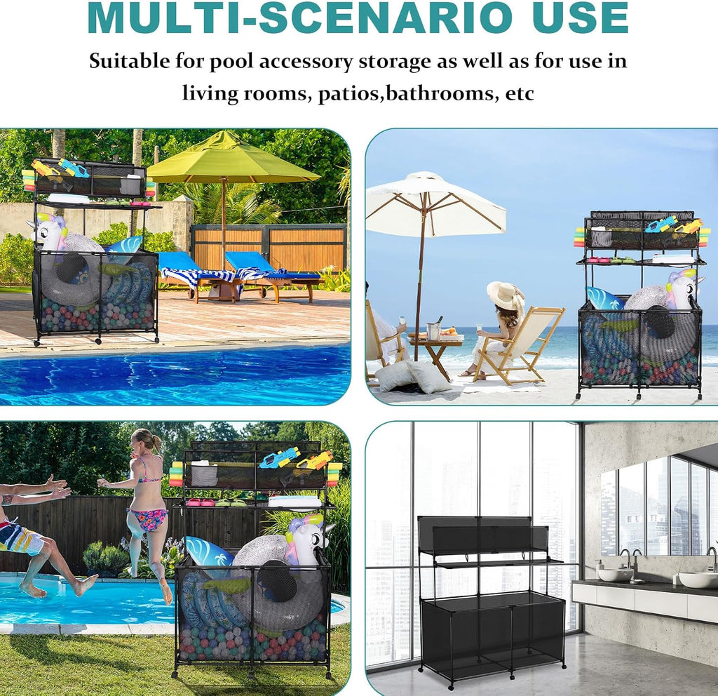 Pool Storage bin,Poolside Storage Organizer,Double Deck,Holder for Outdoor,Pool,Patio,Garden,Organizer for Toys,Floats,and Swimming Equipments,2-Size (Large)