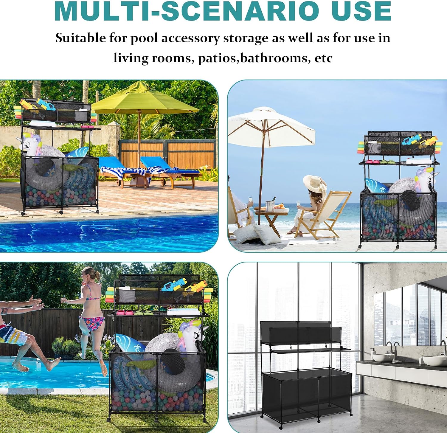 Pool Storage bin,Poolside Storage Organizer,Double Deck,Holder for Outdoor,Pool,Patio,Garden,Organizer for Toys,Floats,and Swimming Equipments,2-Size (Large)