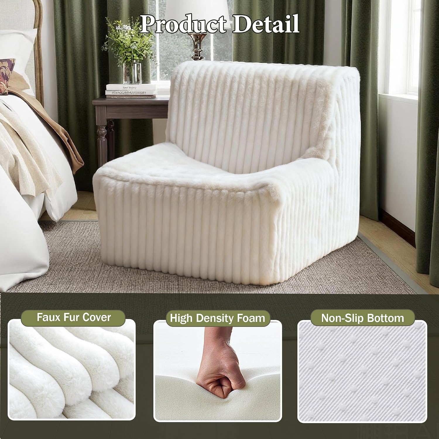 Trenda 32'' Comfy Bedroom Chair for Adult, Boneless Space-Saving Accent Chairs with Spacious Seating, Soft Faux Fur Cover, Ideal Floor Couch for Living Room,College, Dorm to Reading (White)